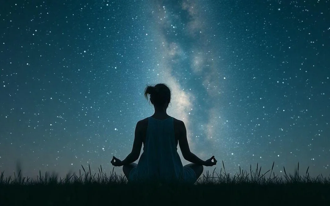 Pessoa meditando sob o céu estrelado